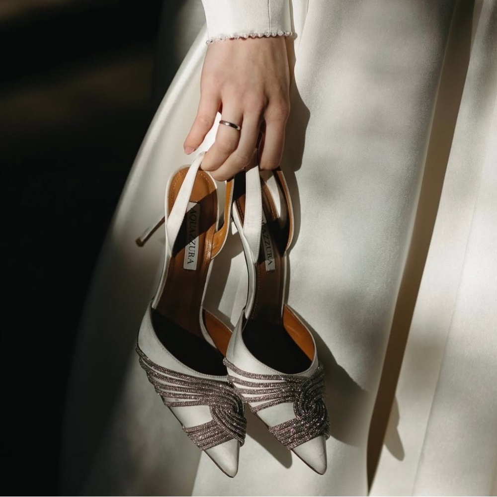 Worn once AQUAZZURA Gatsby 75 crystal-embellished satin slingback pumps - Picture 2 of 16
